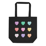 tote bag with pastel sweetheart-style candy hearts and Bulgarian love phrases.
