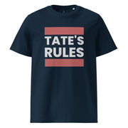 navy blue men's shirt with tate's rules text design in bold vintage lettering