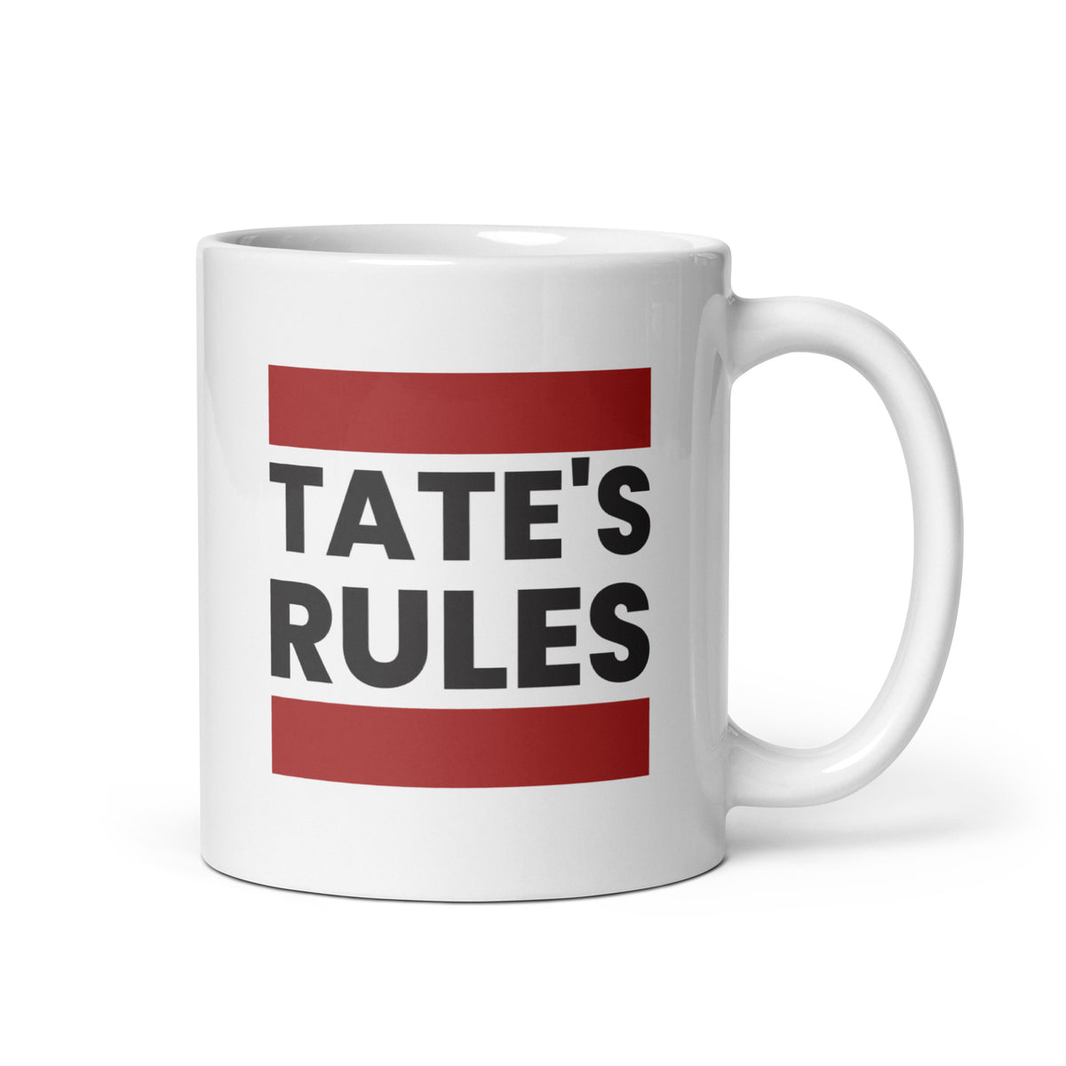 white mug with tate's rules text design in bold vintage lettering
