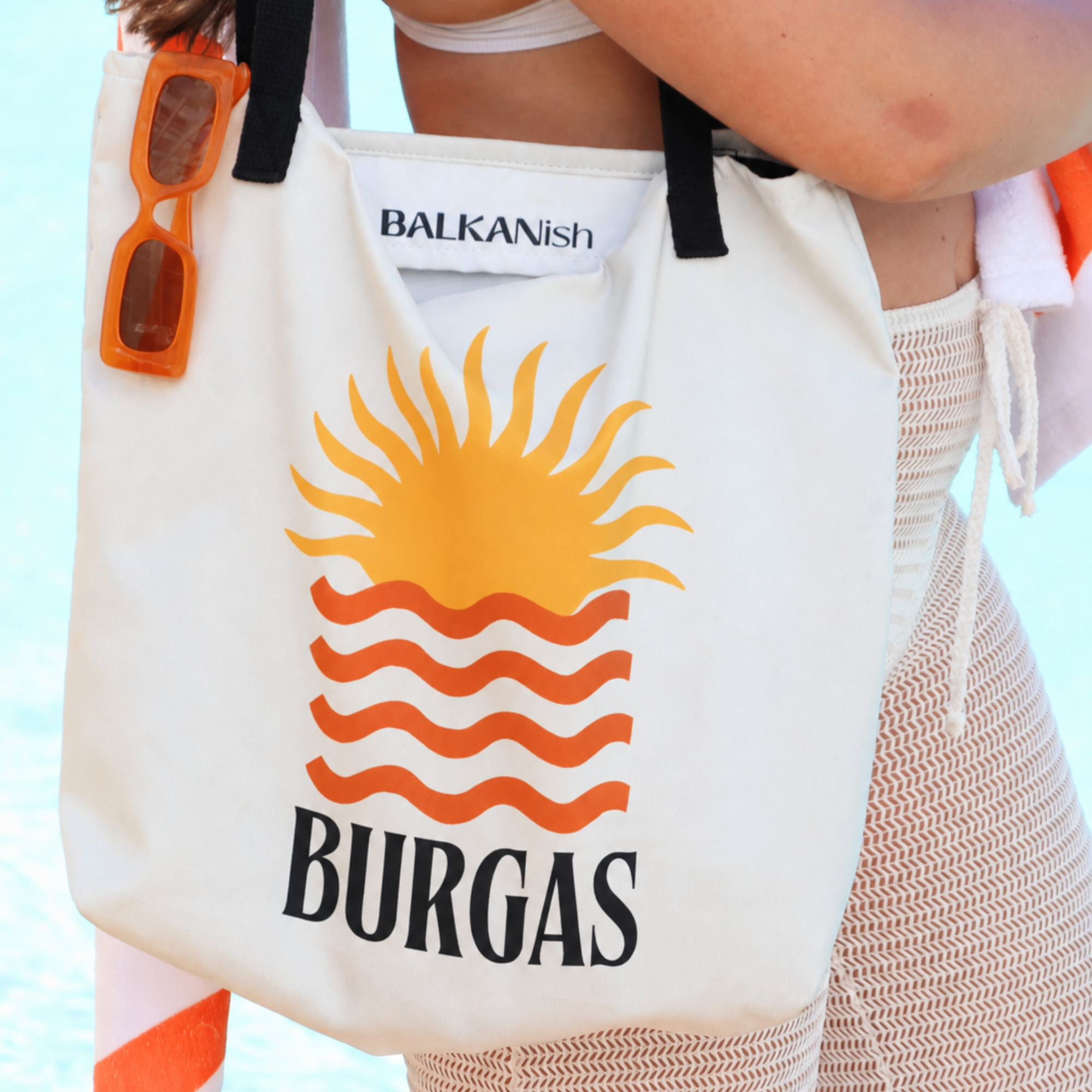 Burgas beach bag with retro orange sunset and wave design inspired by Bulgaria’s Black Sea coast