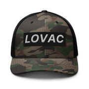 Croatian and Bosnian Lovac camouflage trucker hat with embroidered white lettering and black mesh back