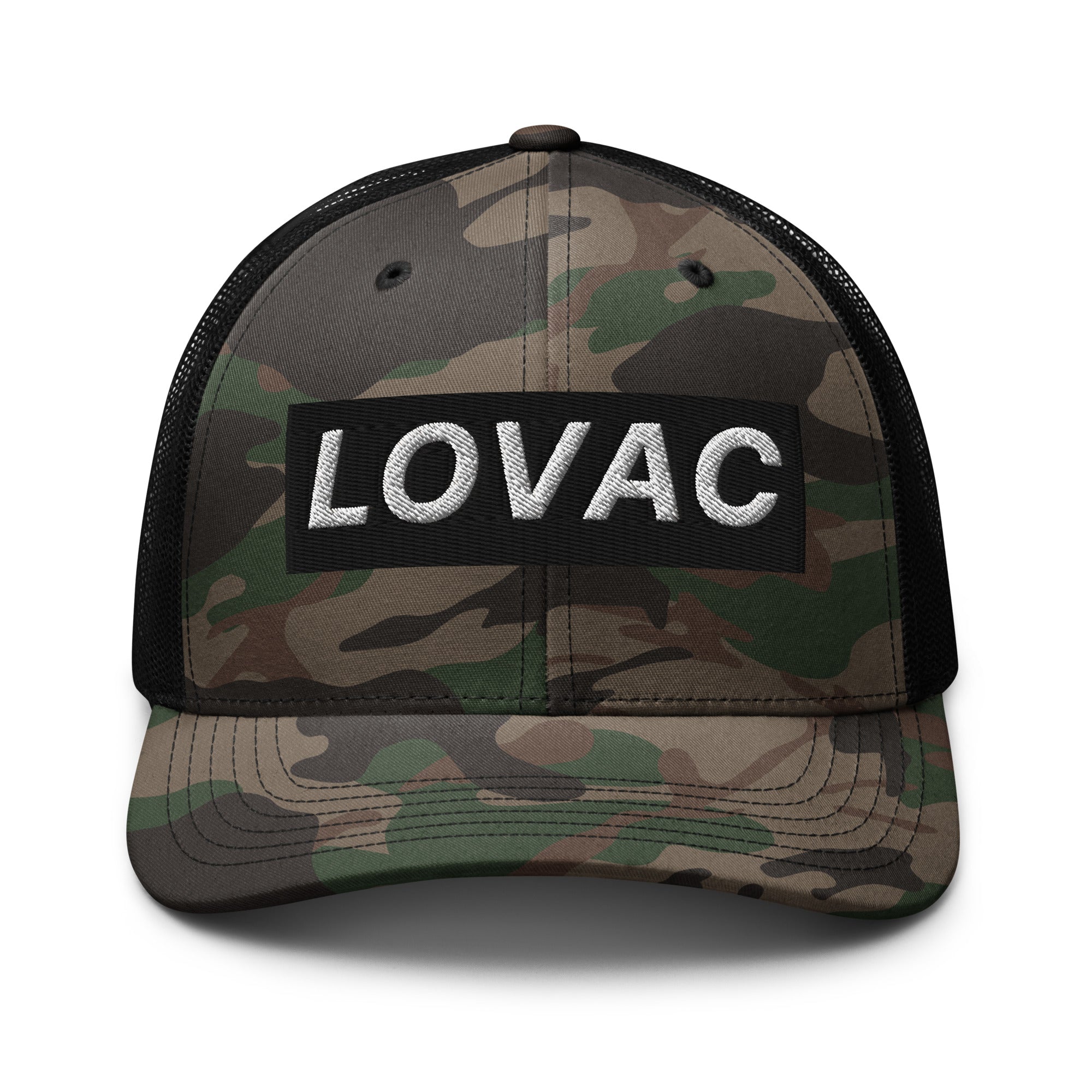 Croatian and Bosnian Lovac camouflage trucker hat with embroidered white lettering and black mesh back