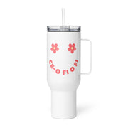 White Ce-o Fi O Fi smiley face tumbler with pink retro lettering and floral design inspired by Romanian expressions and humor