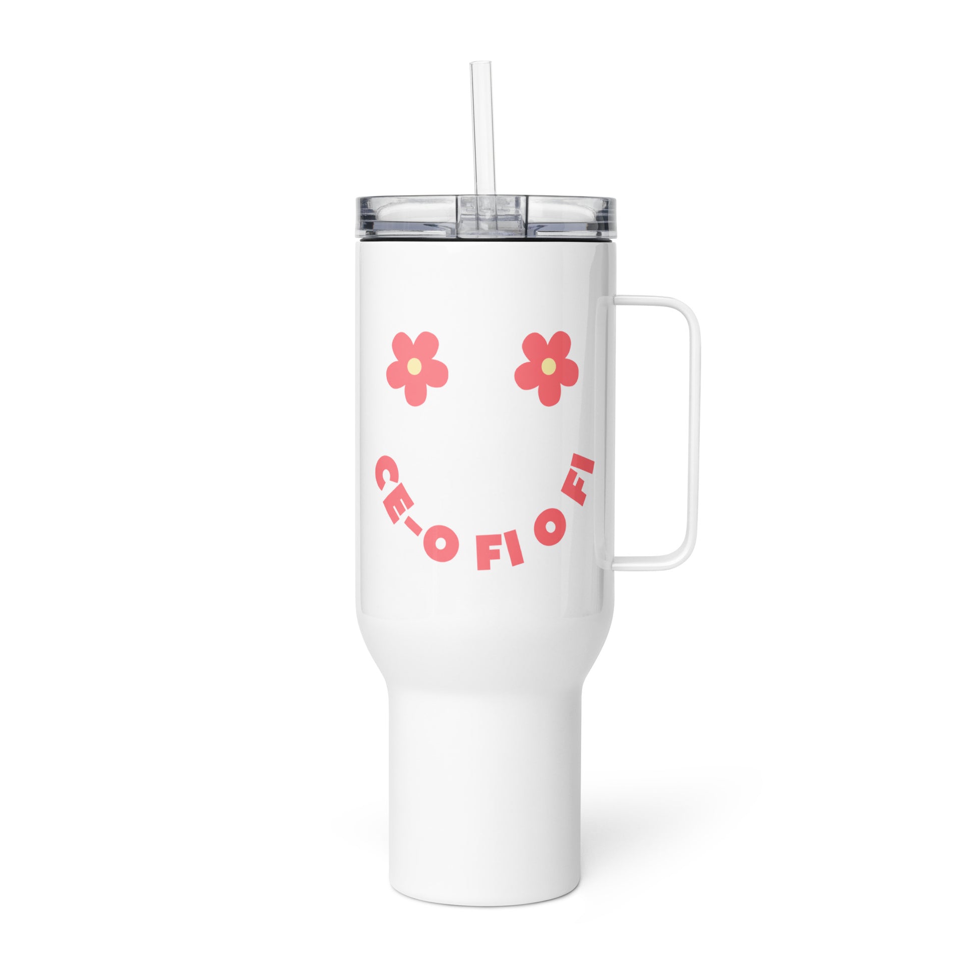 White Ce-o Fi O Fi smiley face tumbler with pink retro lettering and floral design inspired by Romanian expressions and humor