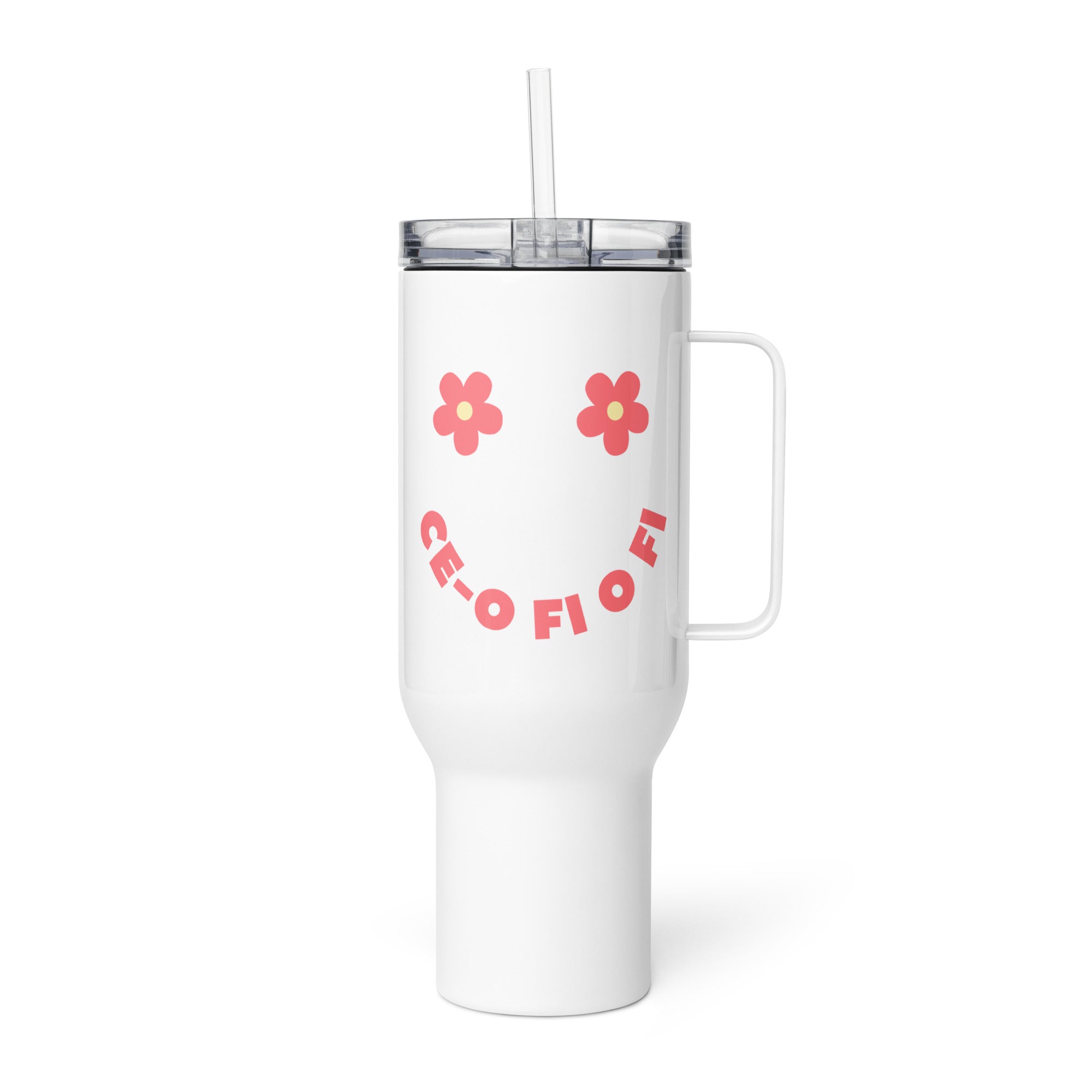White Ce-o Fi O Fi smiley face tumbler with pink retro lettering and floral design inspired by Romanian expressions and humor