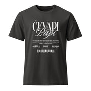 Black vintage-style Ćevapi Papi Balkan BBQ shirt with retro typography, barcode graphic, and “Roštilj Pivo Repeat” slogan