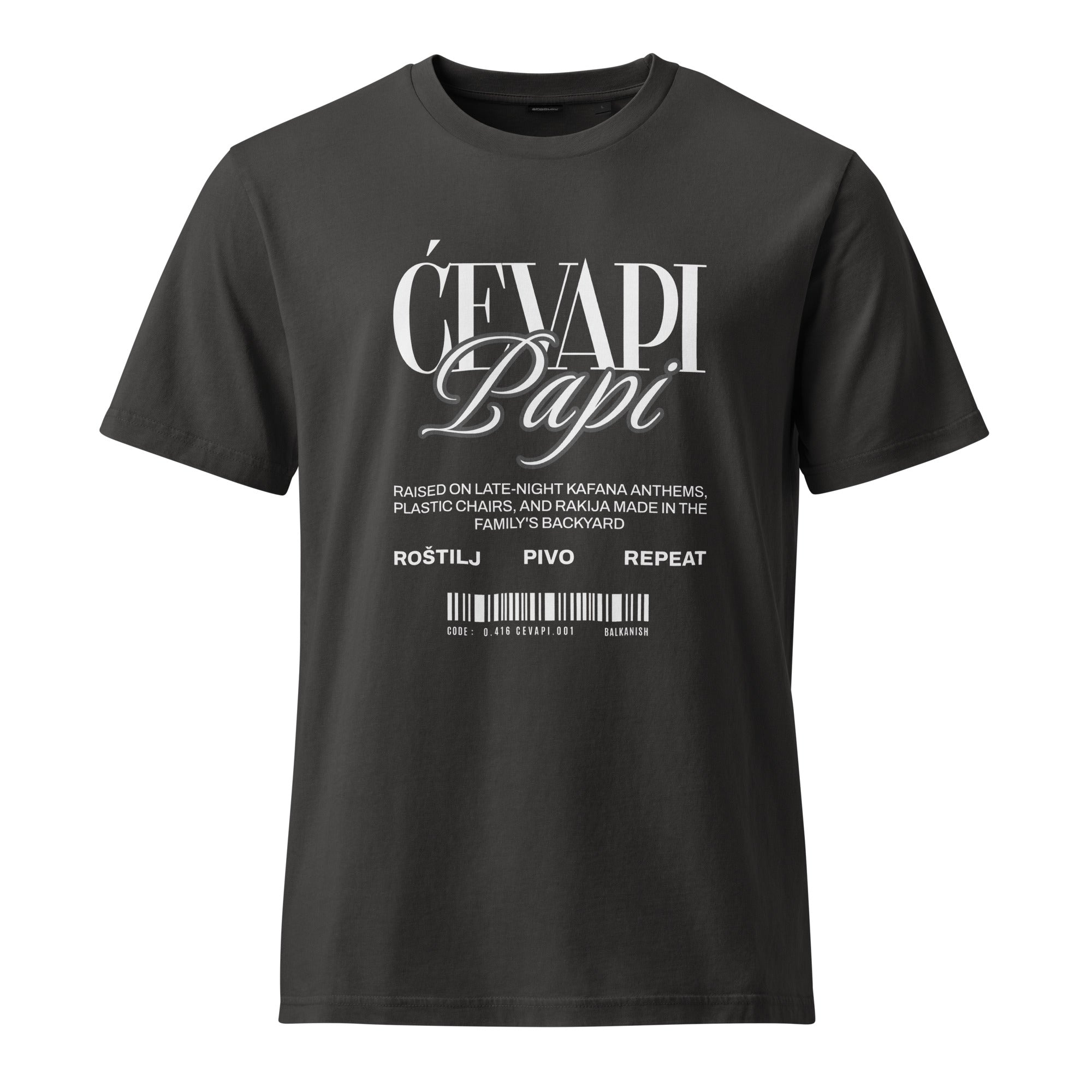 Black vintage-style Ćevapi Papi Balkan BBQ shirt with retro typography, barcode graphic, and “Roštilj Pivo Repeat” slogan