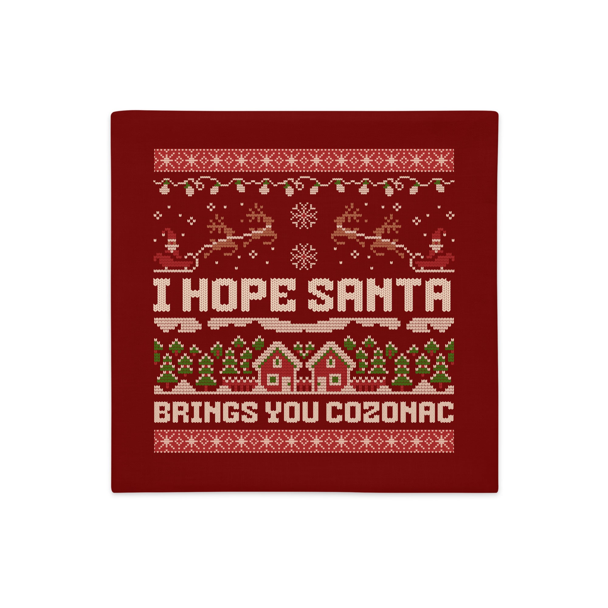 Red knitted-style Christmas pillowcase with “I Hope Santa Brings You Cozonac” text.