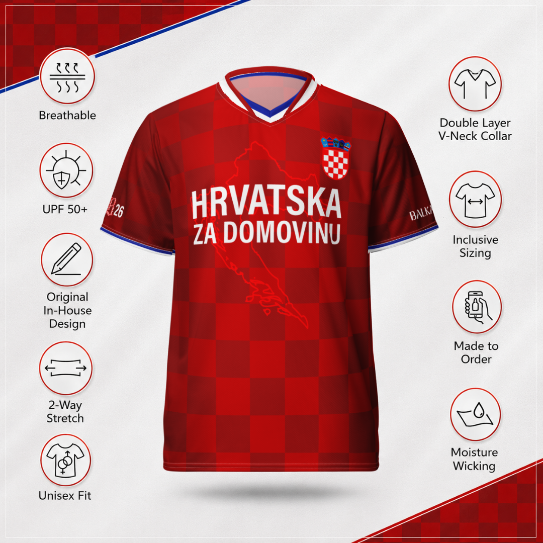 Feature graphic showing Croatia-inspired football jersey details including recycled fabric, moisture-wicking material, premium collar, and sleeve details