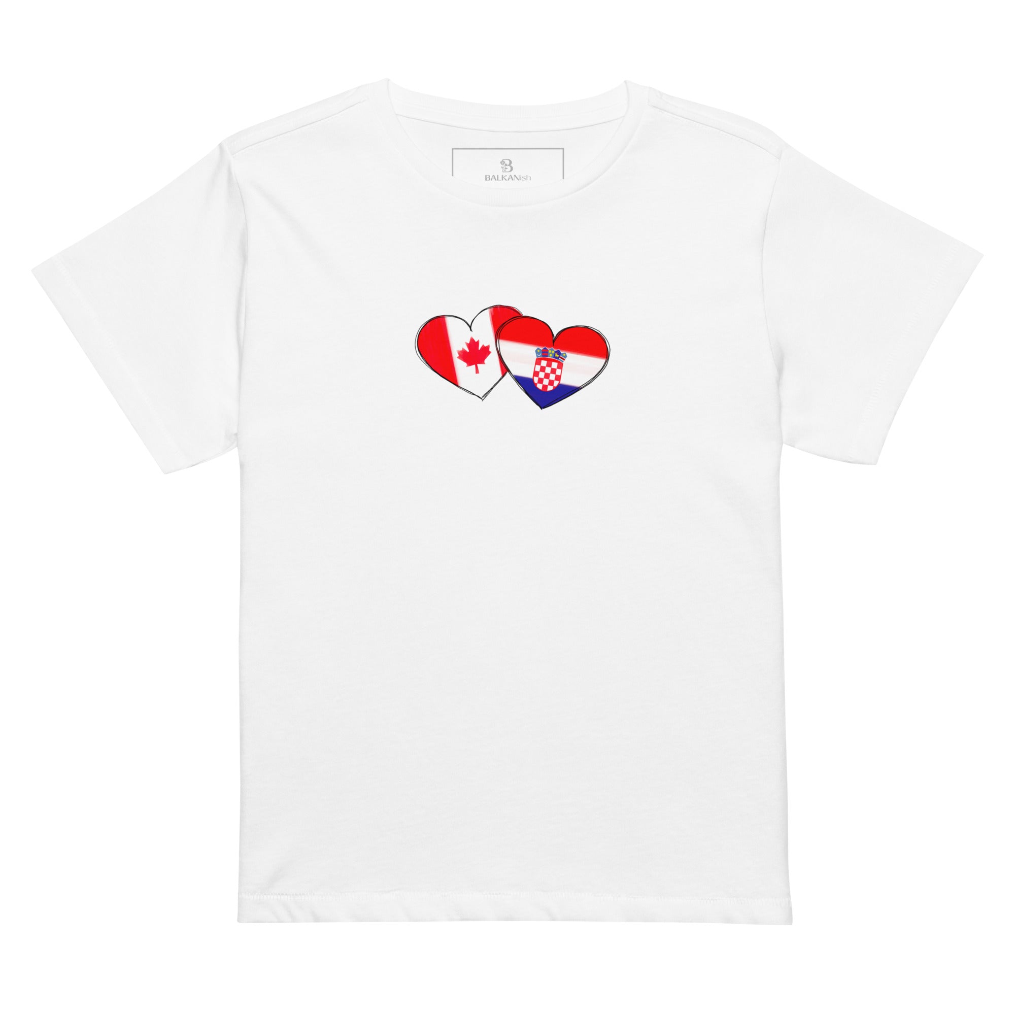 Woman wearing white Croatia and Canada hearts high waisted t-shirt featuring hand-drawn Balkan diaspora design