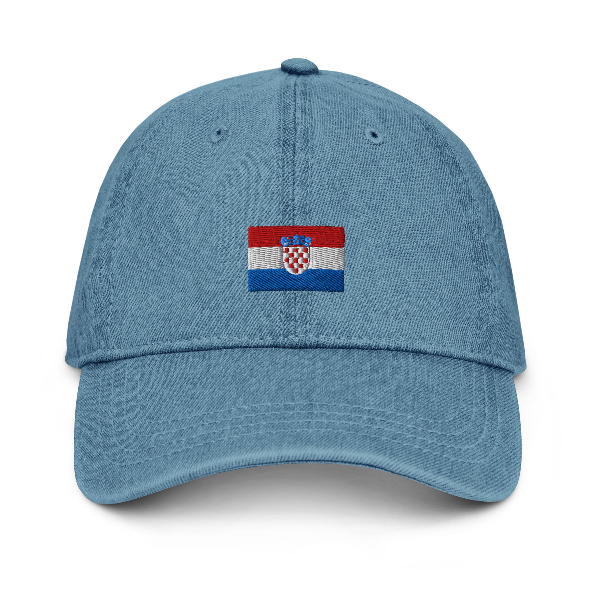 Black denim hat with embroidered Croatia flag on the front designed for Croatian fans abroad