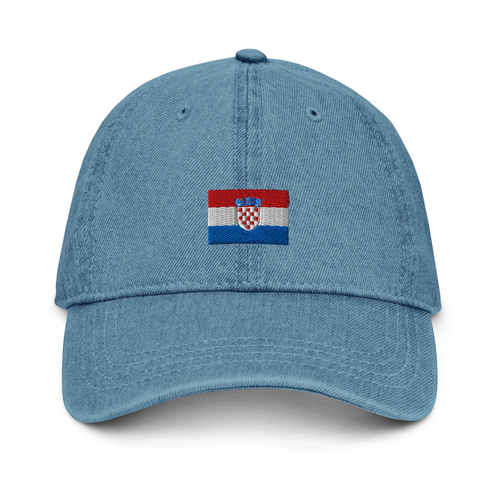 Black denim hat with embroidered Croatia flag on the front designed for Croatian fans abroad