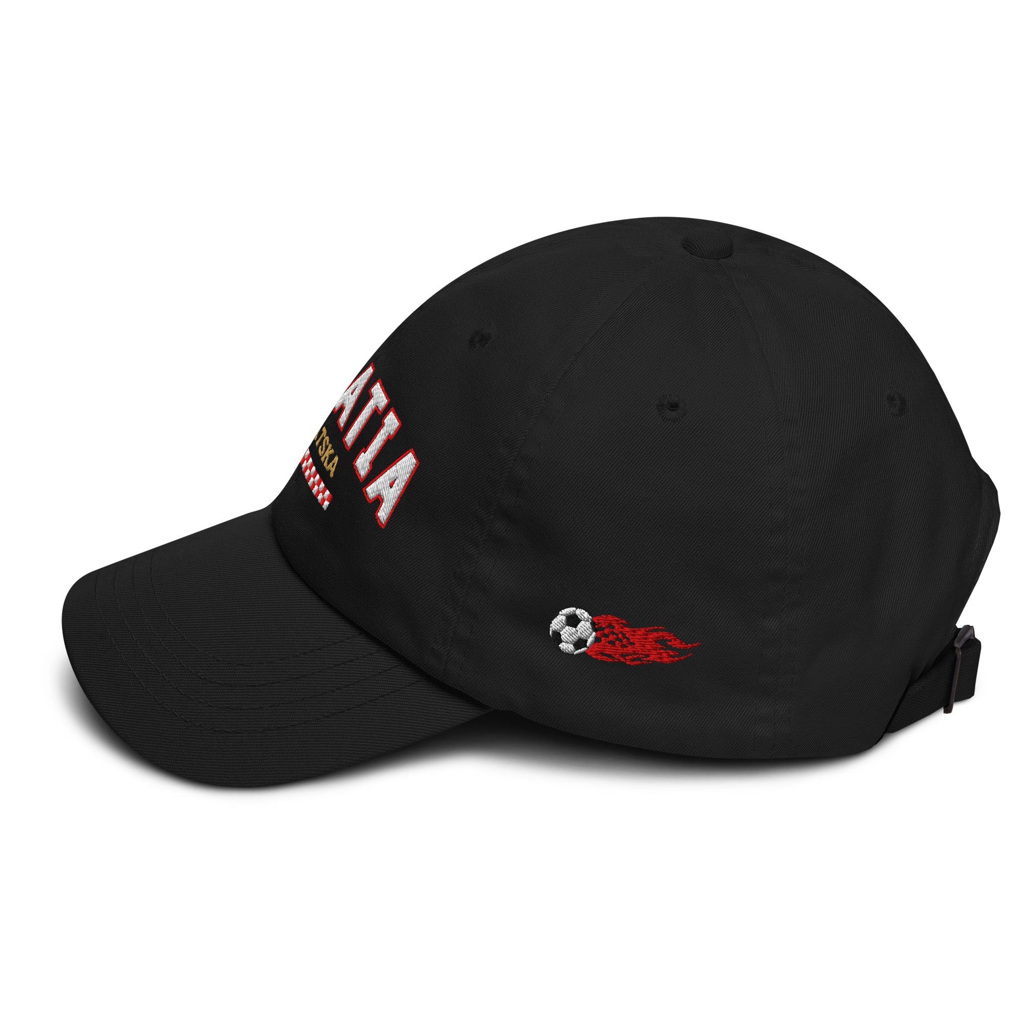 Black Croatia fan hat with flaming soccer ball embroidery detail on the side
