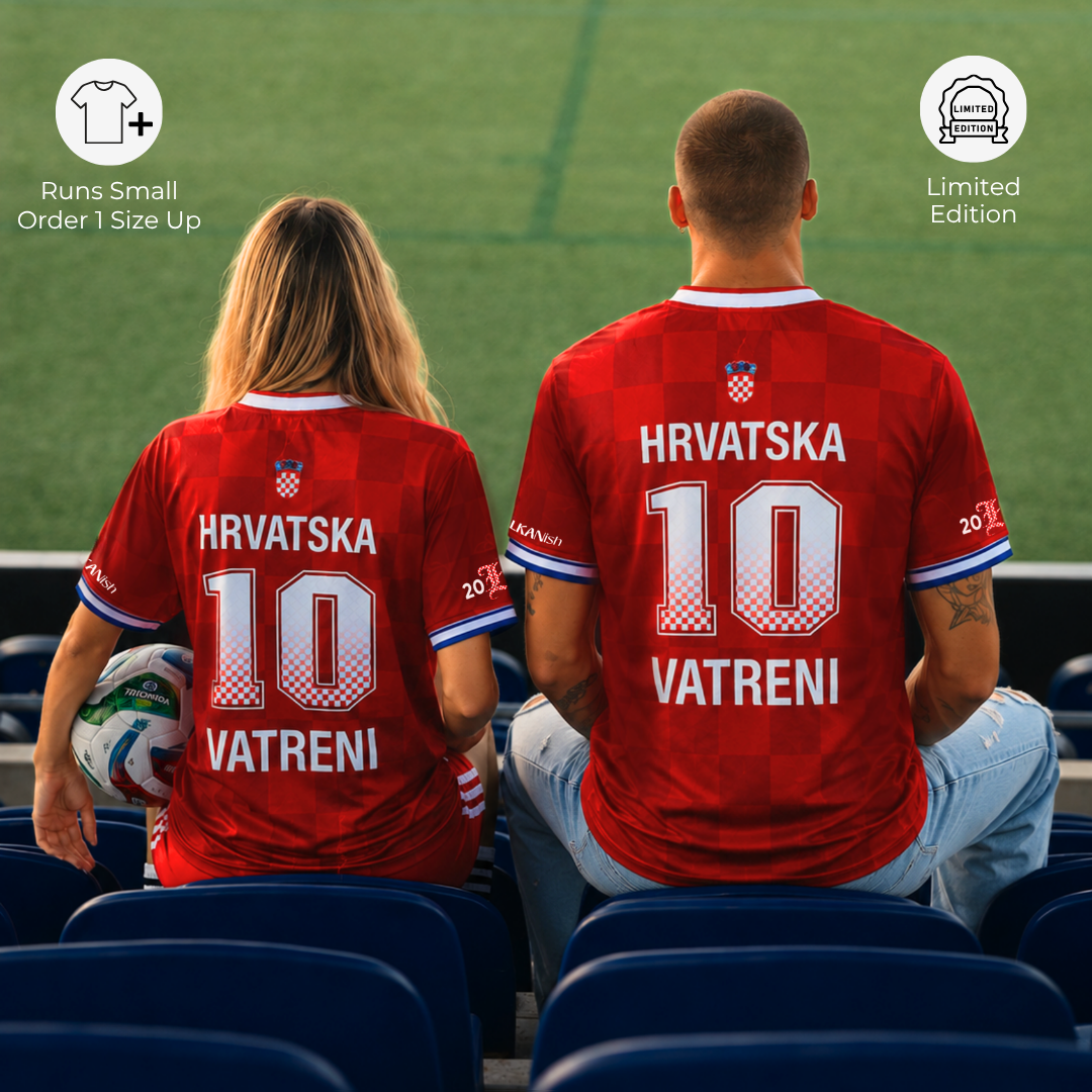 Back view of matching Croatia-inspired football jerseys featuring oversized number 10 graphic and Vatreni text