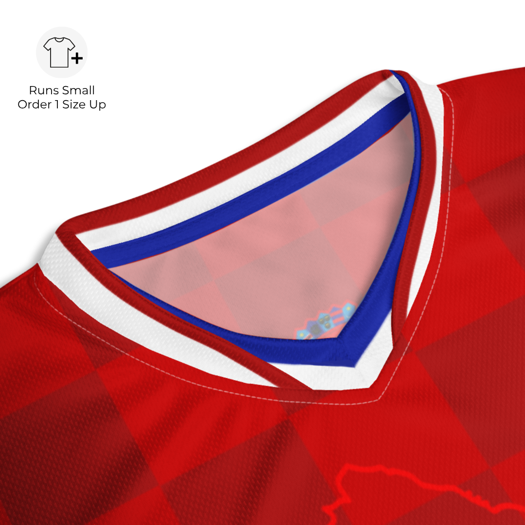 Close-up detail of Croatia football jersey v-neck collar with red, white, and blue trim