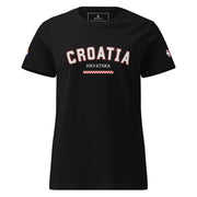 Black Croatia Hrvatska women’s t-shirt with Croatian flag sleeve print and fiery football graphic inspired by Vatreni