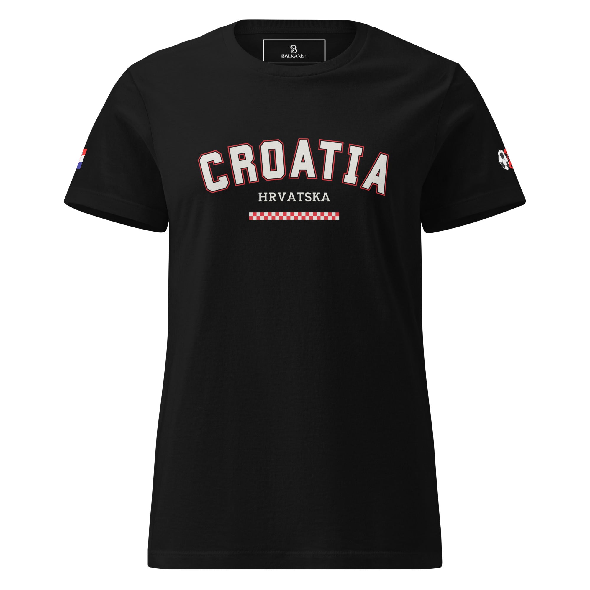 Black Croatia Hrvatska women’s t-shirt with Croatian flag sleeve print and fiery football graphic inspired by Vatreni