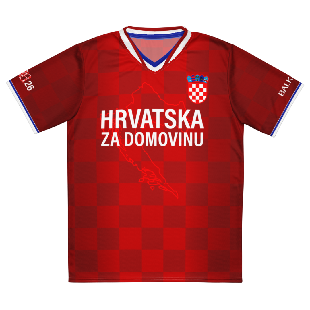 Front view of limited edition Croatia football jersey featuring Hrvatska Za Domovinu design, tonal checkered pattern, and Croatia-inspired crest