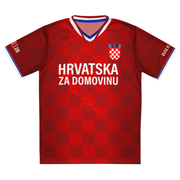 Front view of limited edition Croatia football jersey featuring Hrvatska Za Domovinu design, tonal checkered pattern, and Croatia-inspired crest