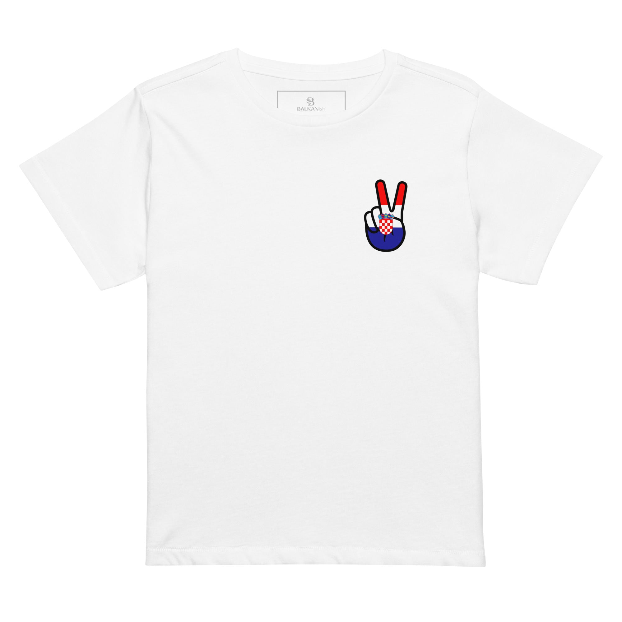 Croatia peace sign high waisted t-shirt featuring hand-drawn Croatian flag artwork mockup