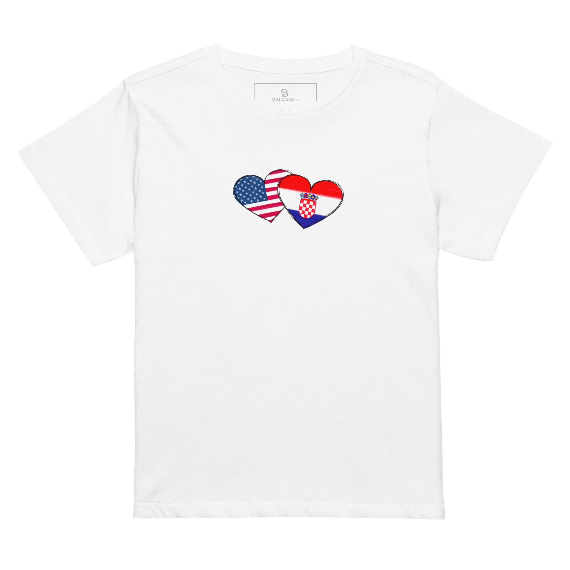 Woman wearing white Croatia and USA hearts high waisted t-shirt featuring hand-drawn Balkan diaspora design