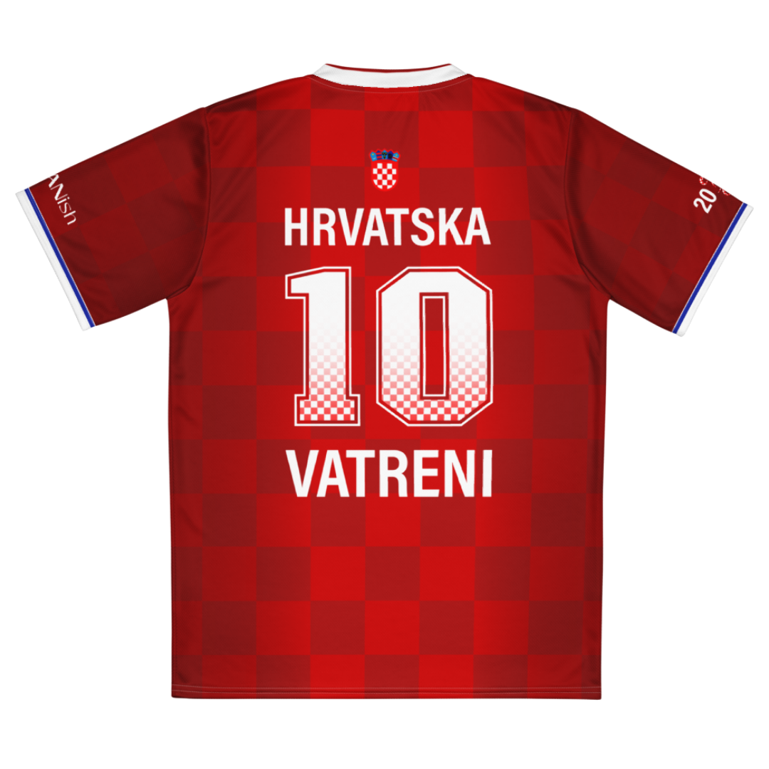 Back view of Croatia football jersey featuring Hrvatska text, oversized number 10 graphic, and Vatreni design