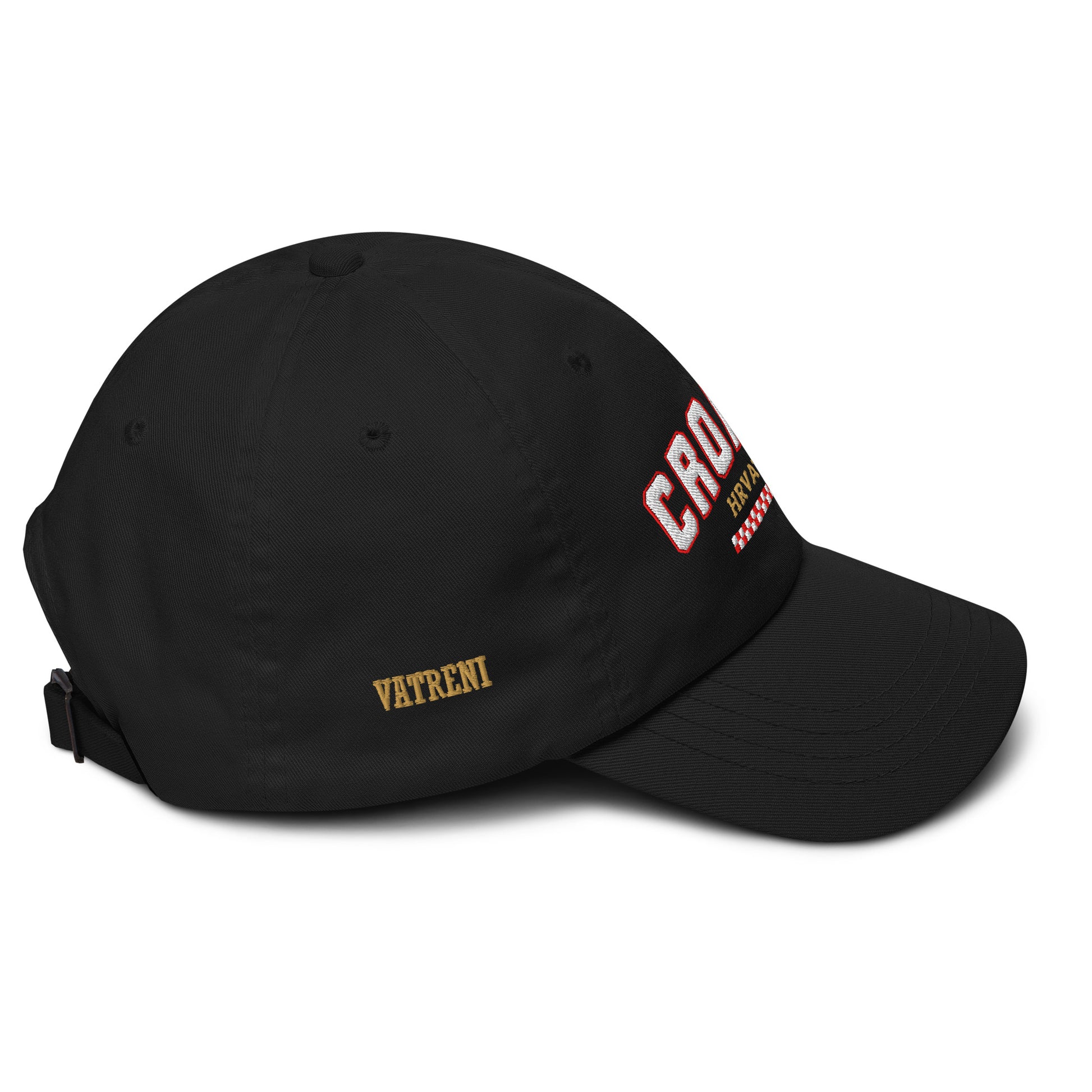 Black Croatia Hrvatska embroidered hat featuring side Vatreni embroidery in gold