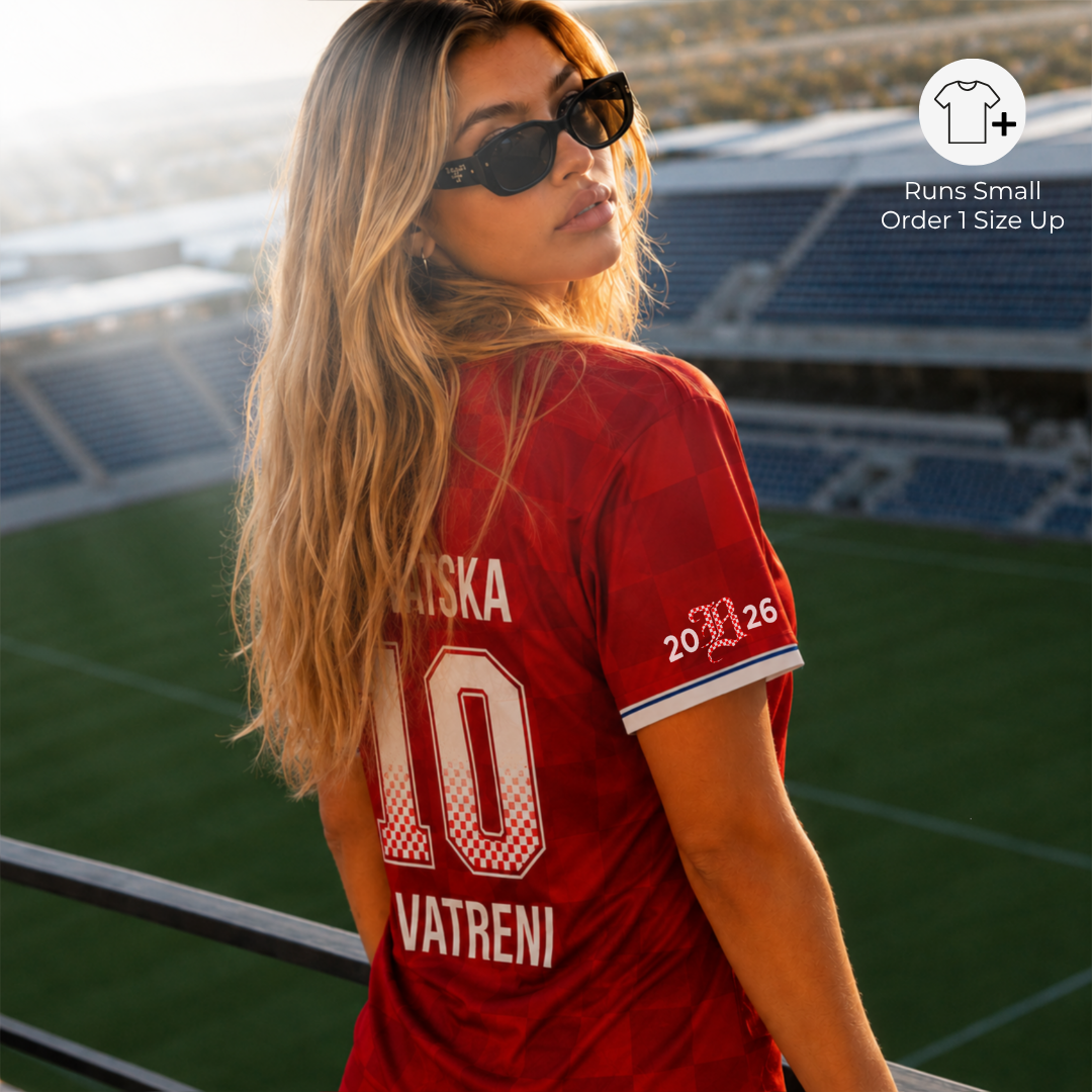 Woman wearing Croatia-inspired football jersey from the back featuring oversized number 10 graphic and Vatreni text