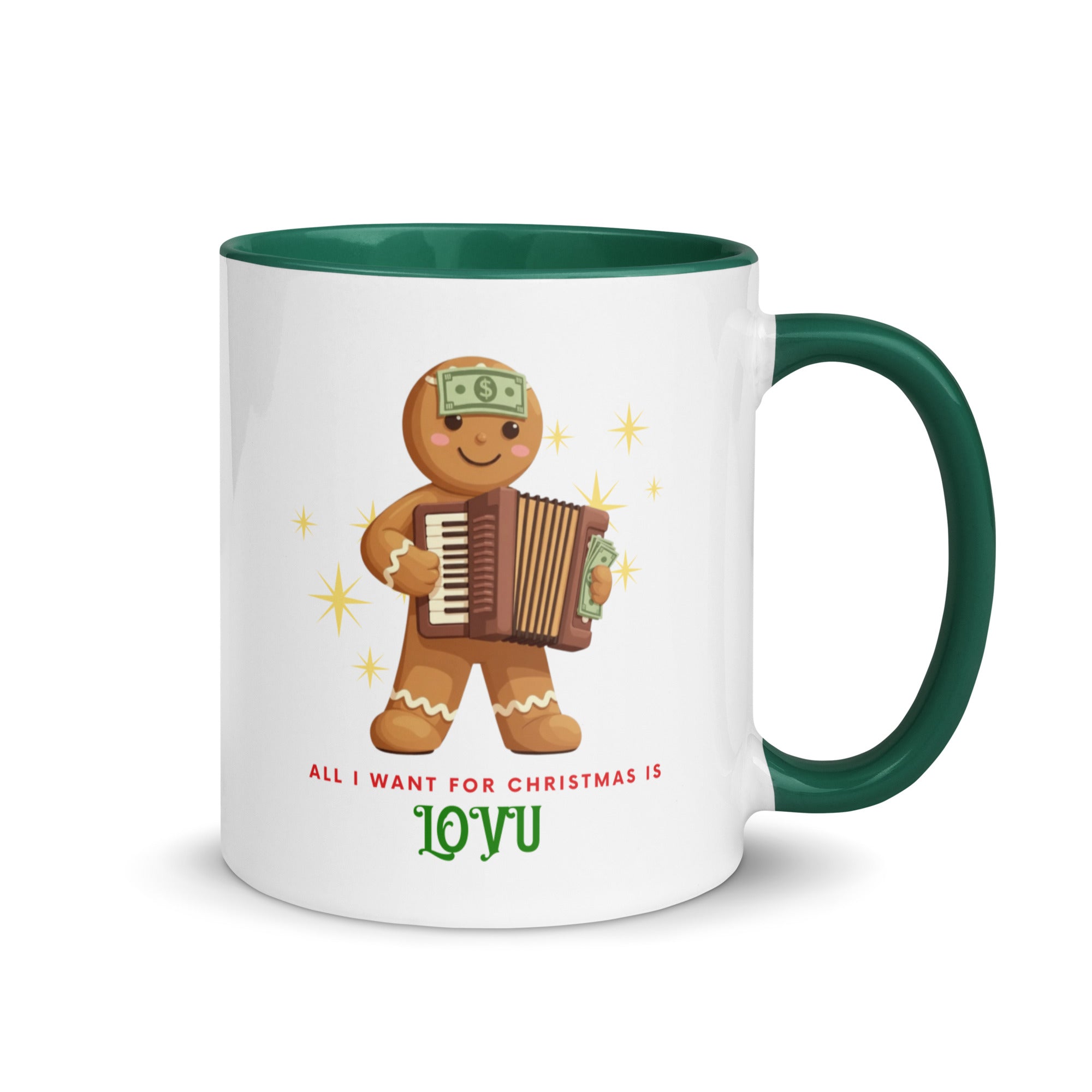 Croatian Christmas mug with gingerbread man and the text “All I Want for Christmas Is Lovu.”
