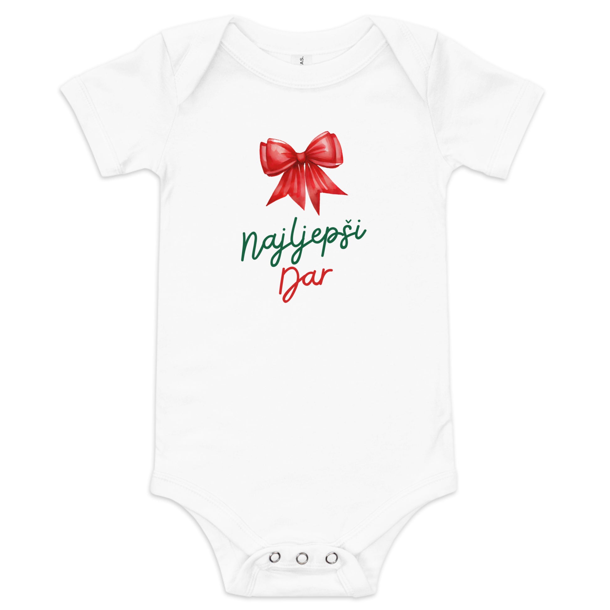 Croatian baby Christmas bodysuit with text Najljepši Dar and red bow – Balkanish design