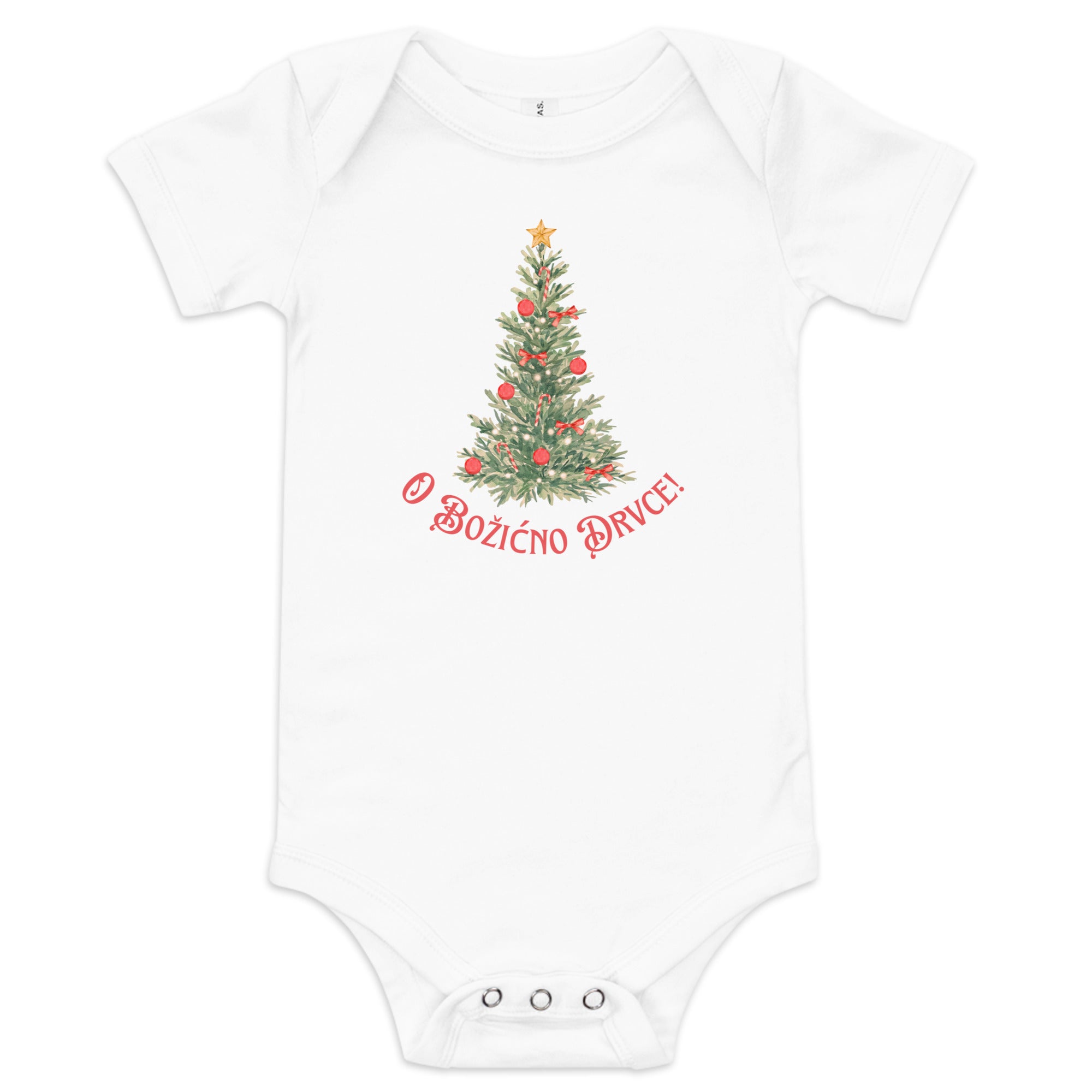 Croatian baby Christmas bodysuit with text O Božićno Drvce – Balkanish design