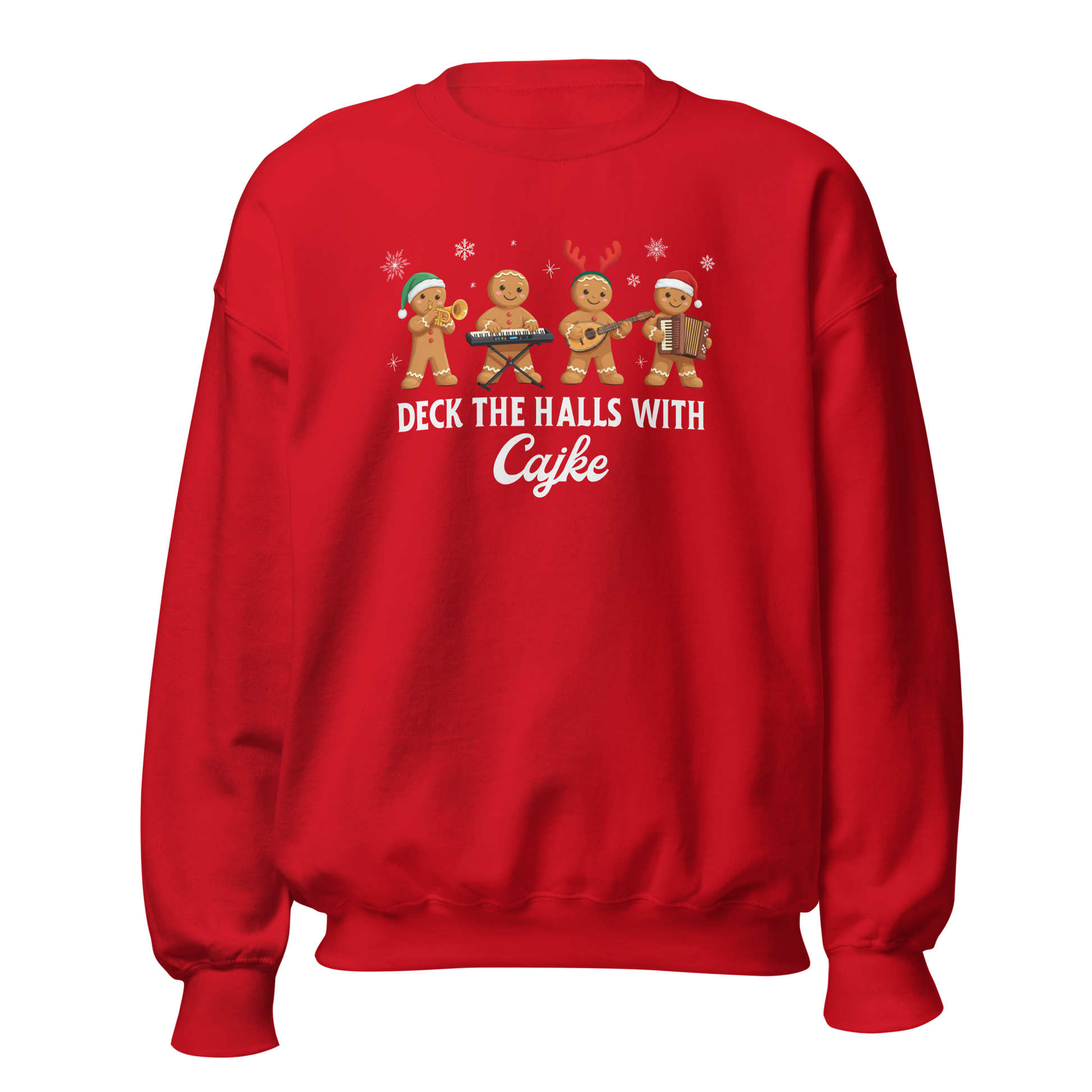 Čajke gingerbread Christmas sweater with gingerbread musicians.