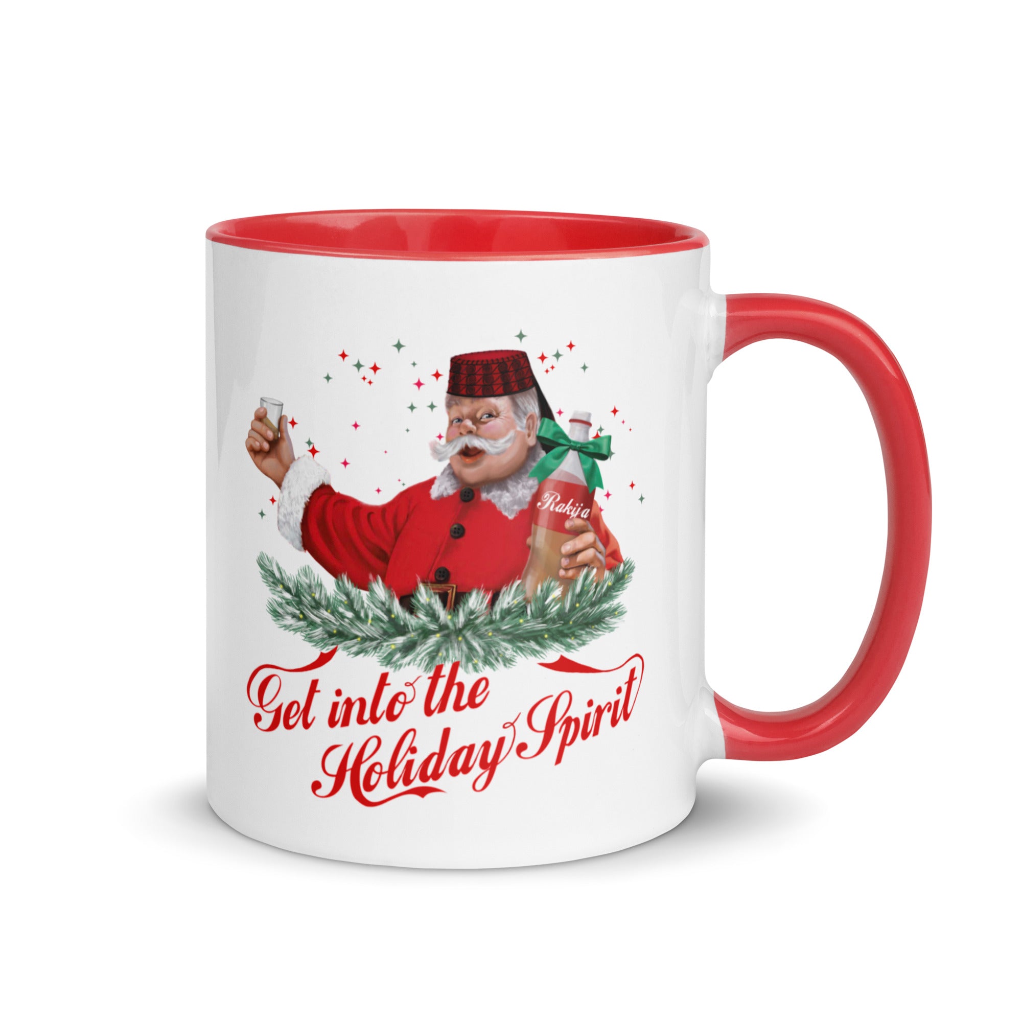 Croatian Christmas mug featuring Santa holding a bottle of rakija – Balkanish design