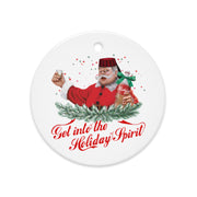 Red Christmas ornament featuring Croatian Santa holding a rakija bottle — funny Balkan Christmas design