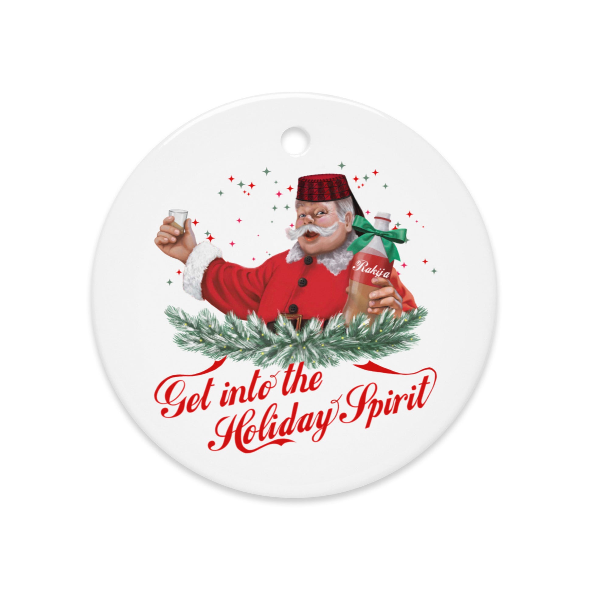 Red Christmas ornament featuring Croatian Santa holding a rakija bottle — funny Balkan Christmas design