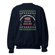 Croatian Christmas crewneck reading “Smells Like Odojak,” festive roast theme, Balkanish design.