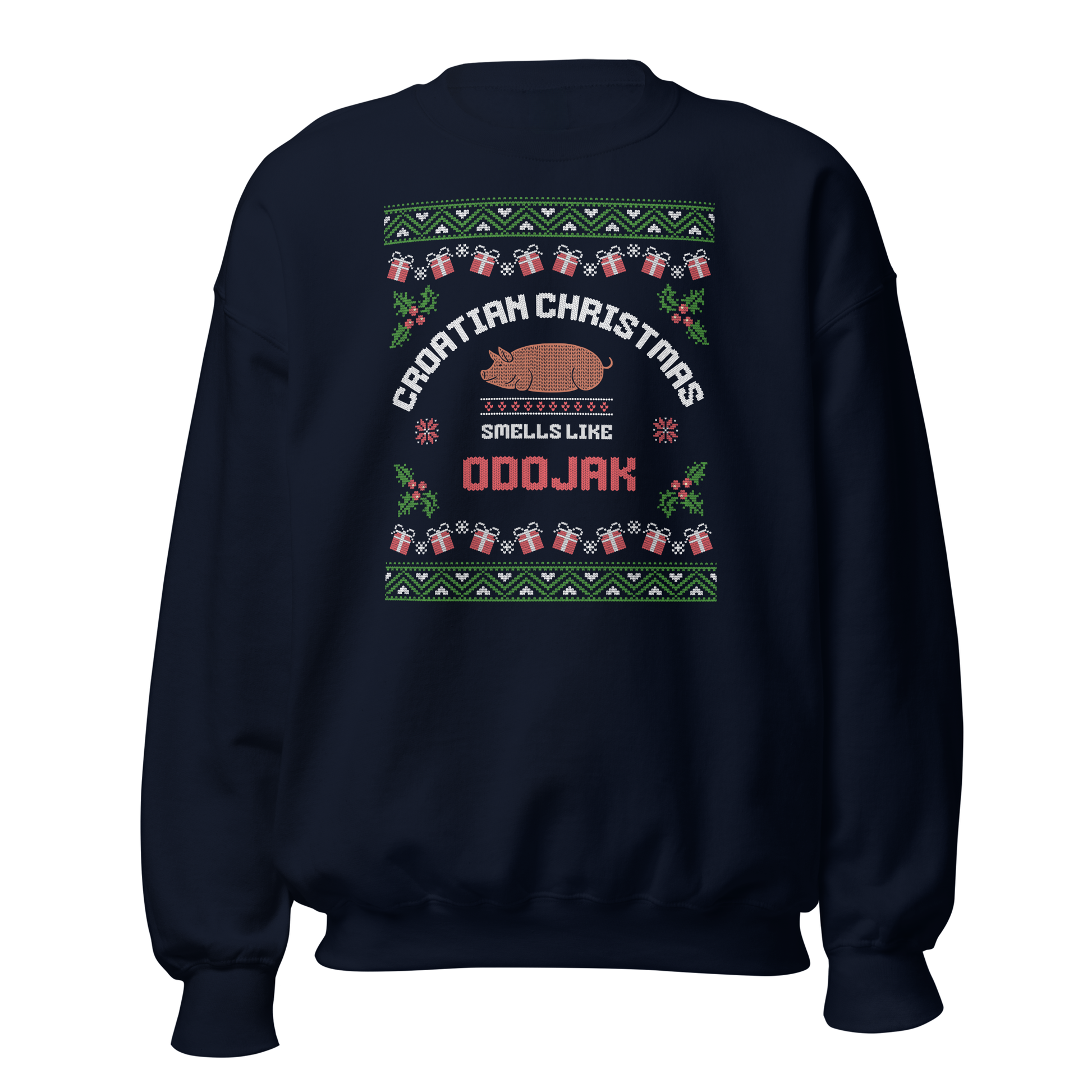 Croatian Christmas crewneck reading “Smells Like Odojak,” festive roast theme, Balkanish design.