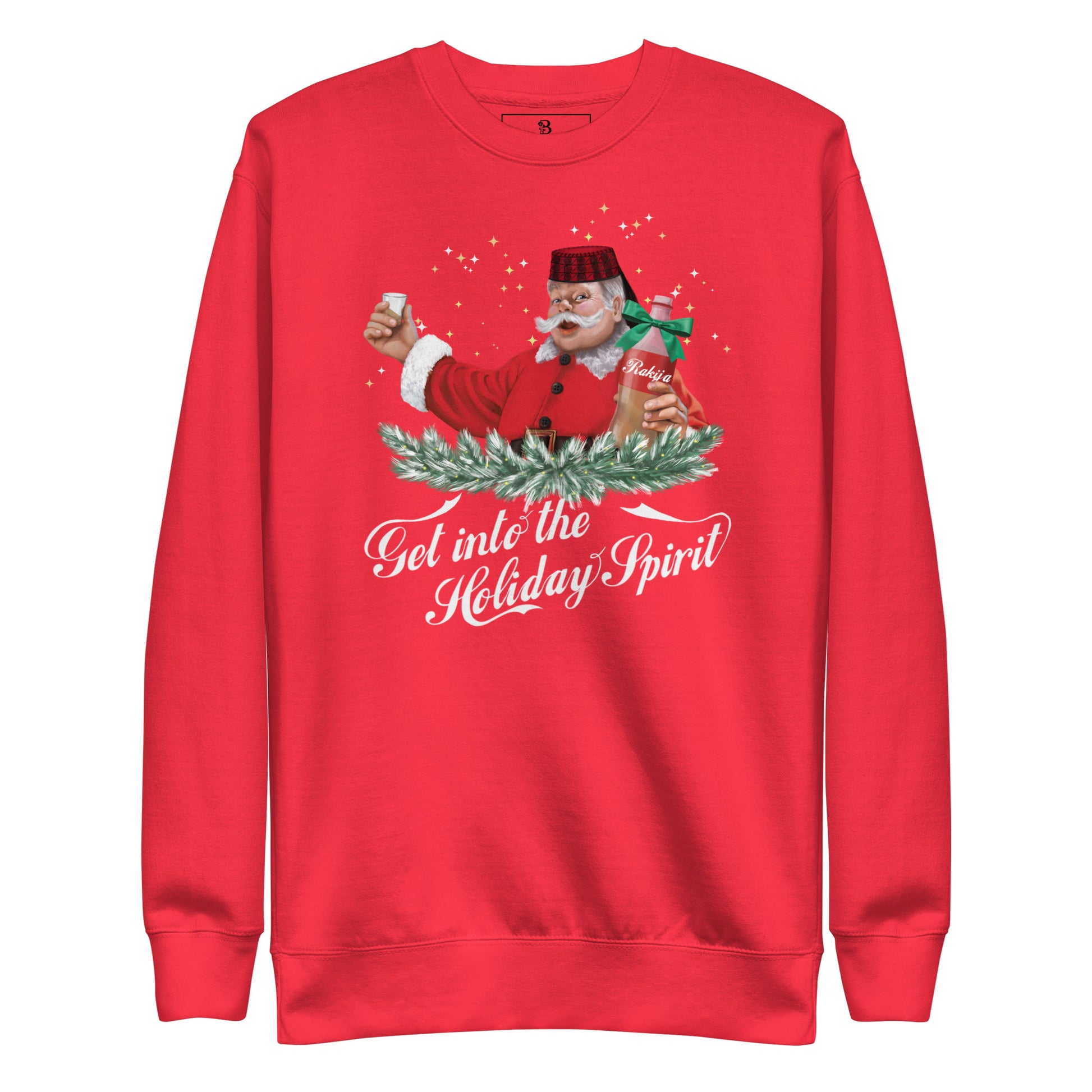 Red Croatian Christmas sweater featuring Santa with rakija bottle — funny Balkan holiday sweater
