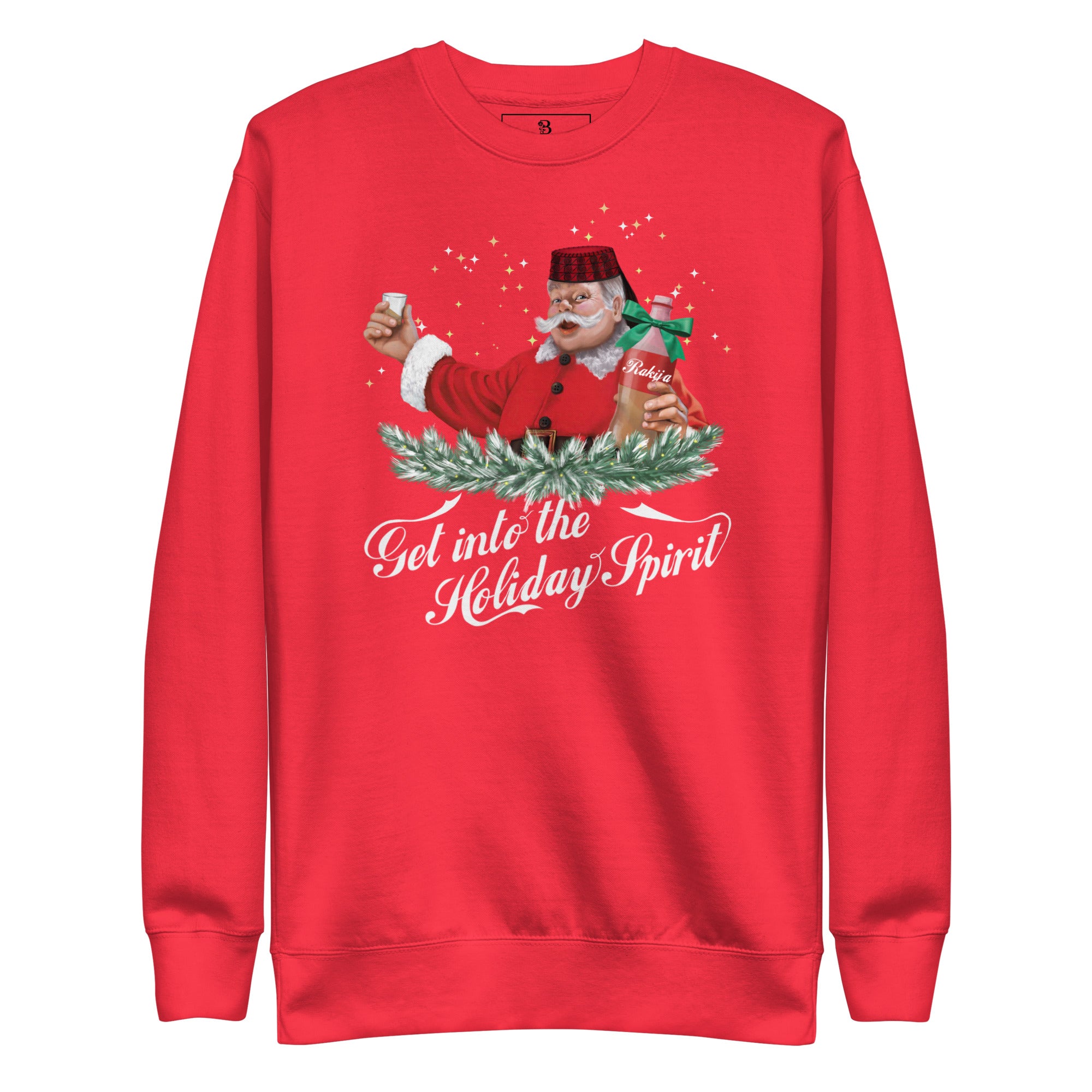 Red Croatian Christmas sweater featuring Santa with rakija bottle — funny Balkan holiday sweater