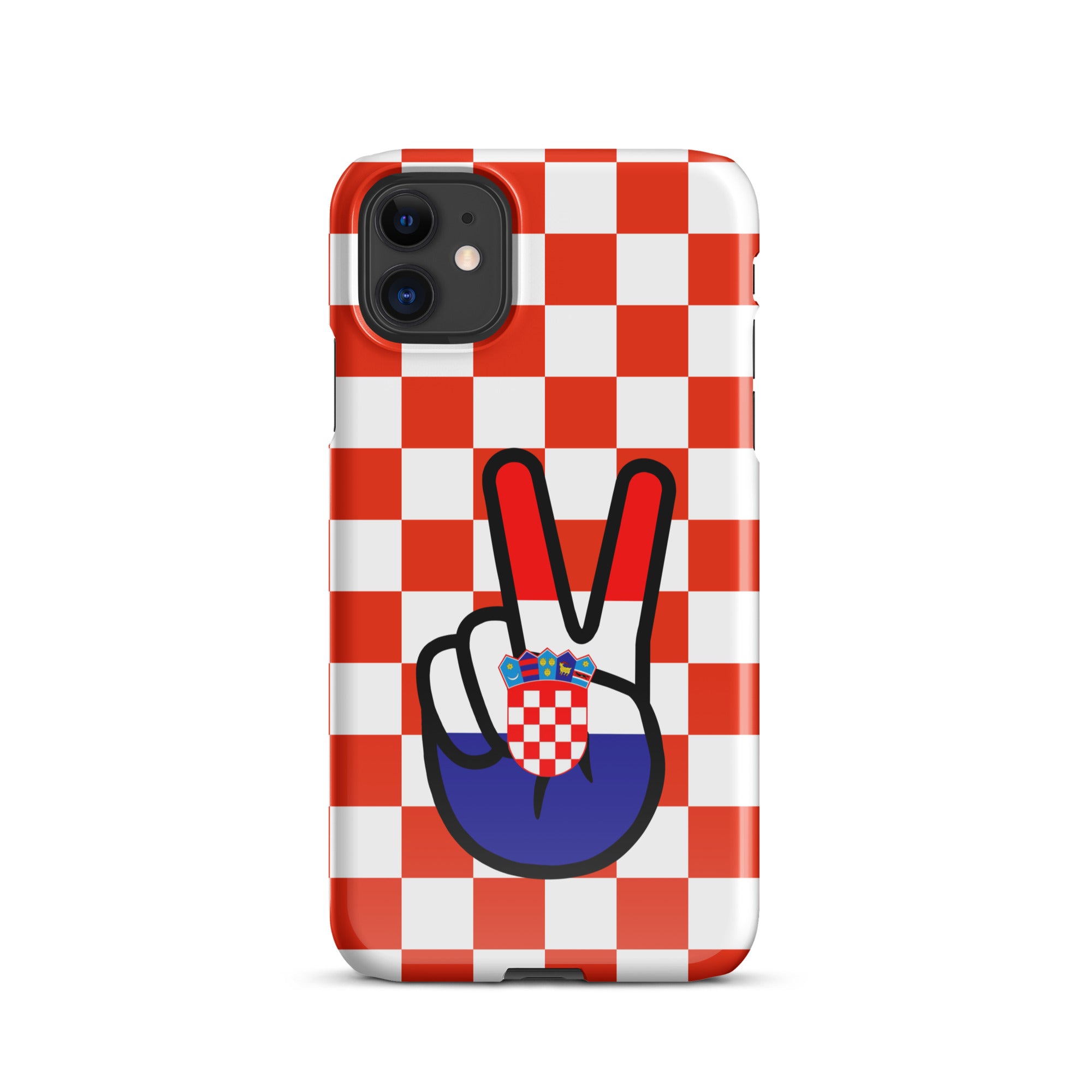 iPhone case with red and white Croatian checkerboard pattern and peace sign hand design