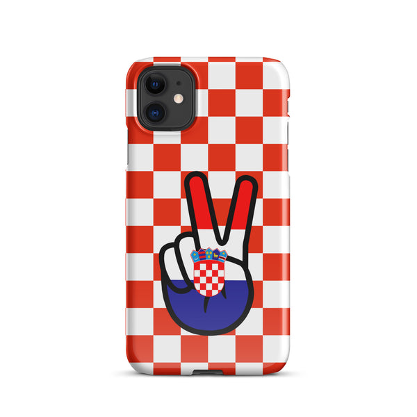 iPhone case with red and white Croatian checkerboard pattern and peace sign hand design