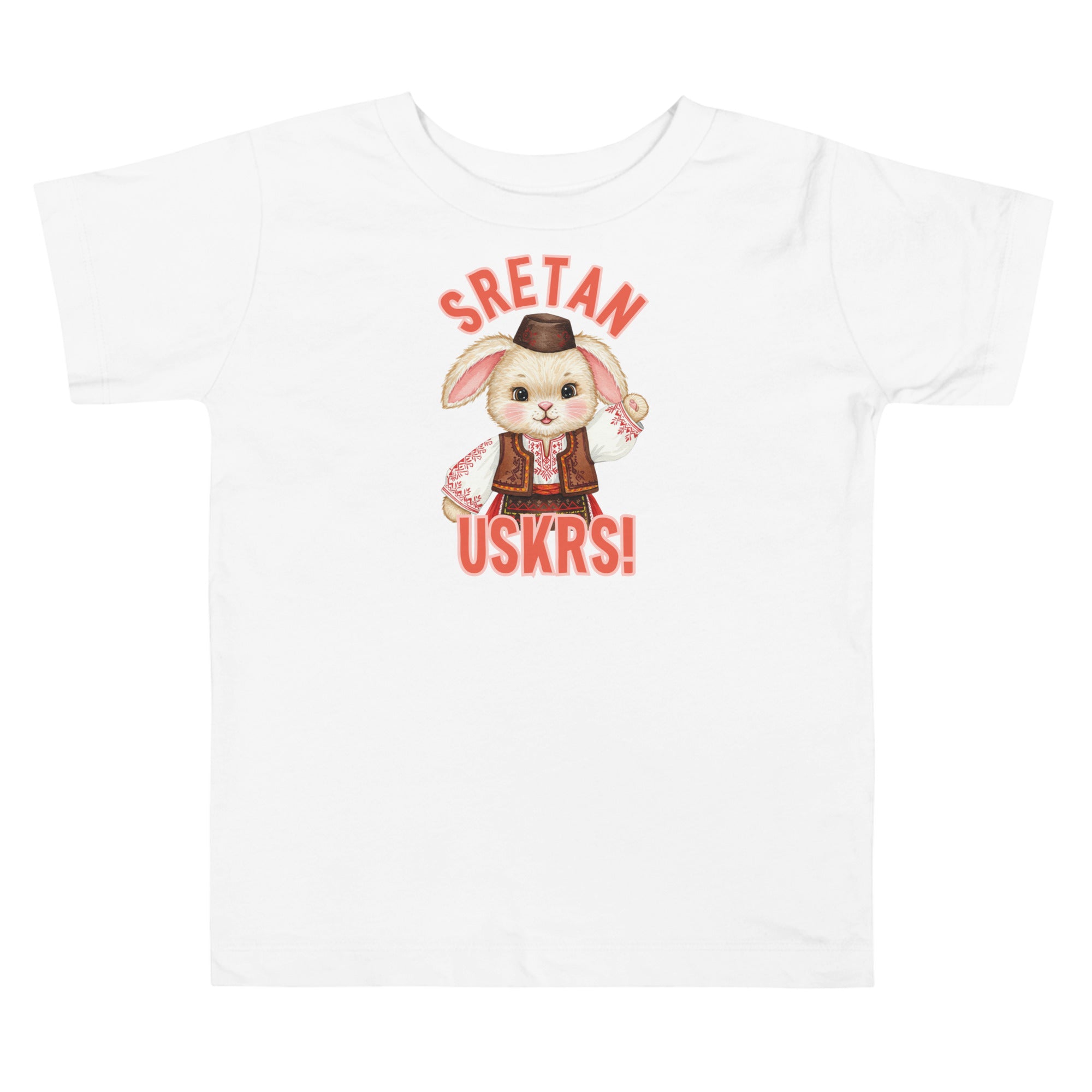 Toddler shirt with bunny wearing traditional clothing and the phrase “Sretan Uskrs” meaning Happy Easter in Croatian