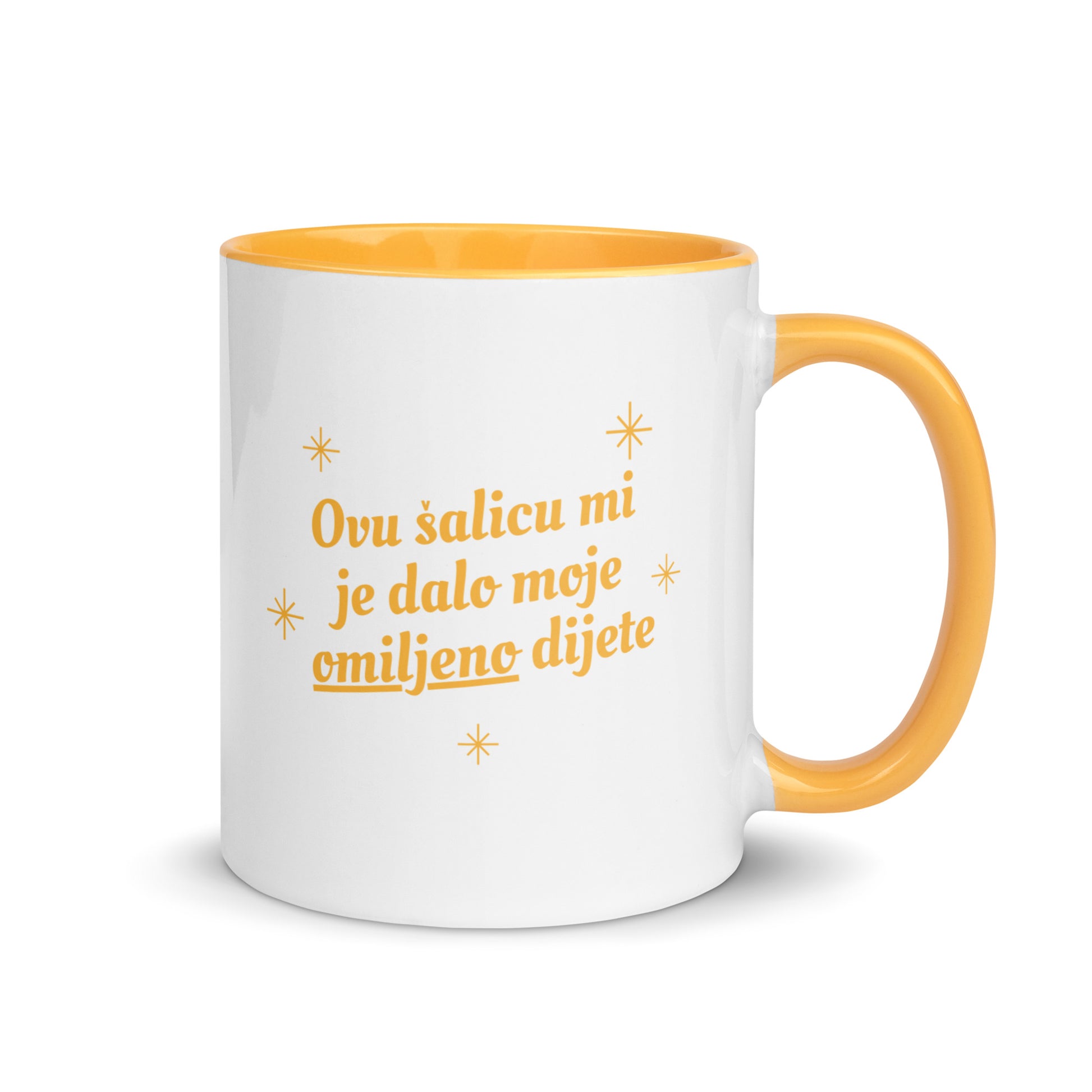 White mug with yellow handle reading “Ovu šalicu mi je dalo moje omiljeno dijete.”