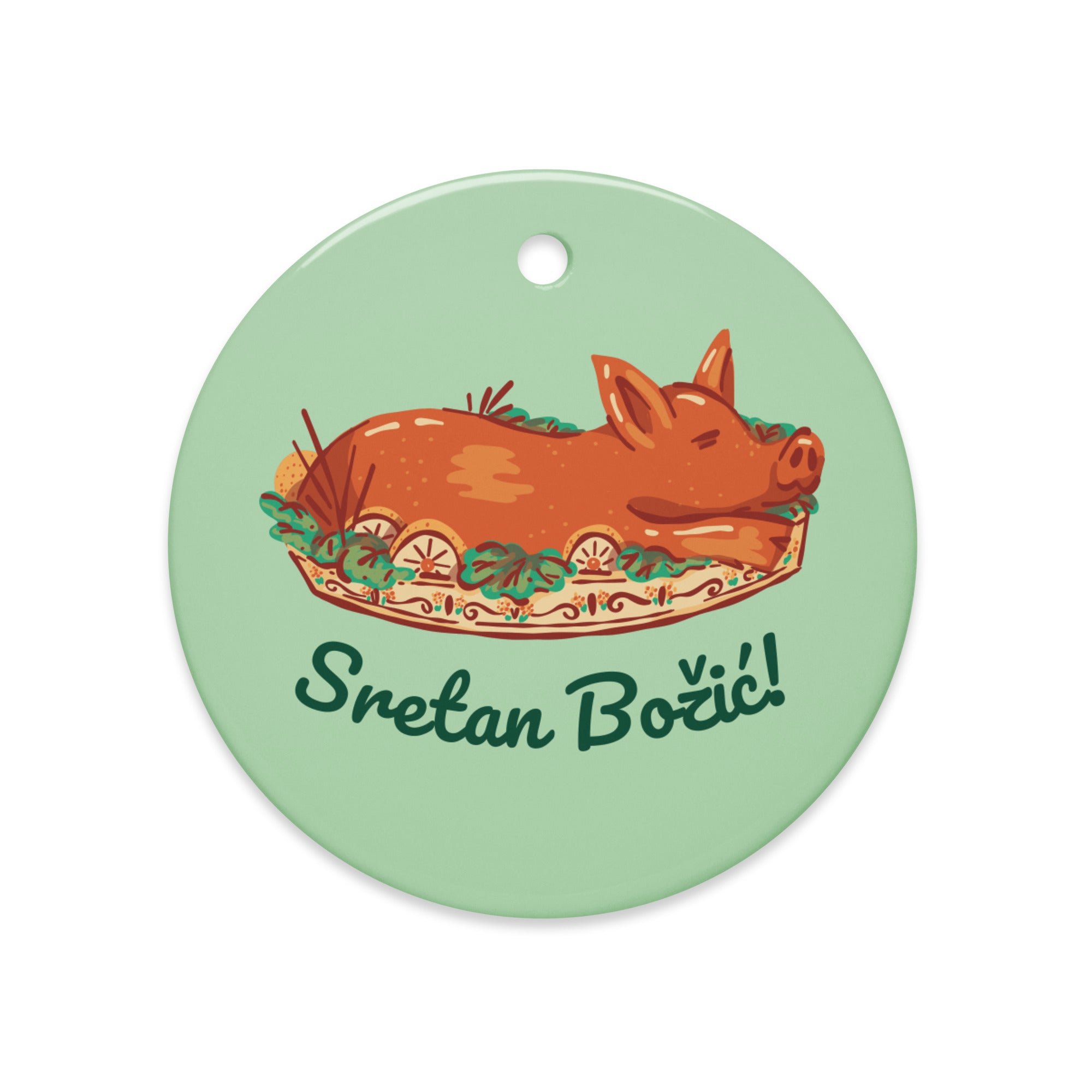 Croatian roasted pig Christmas ornament with “Sretan Božić!”