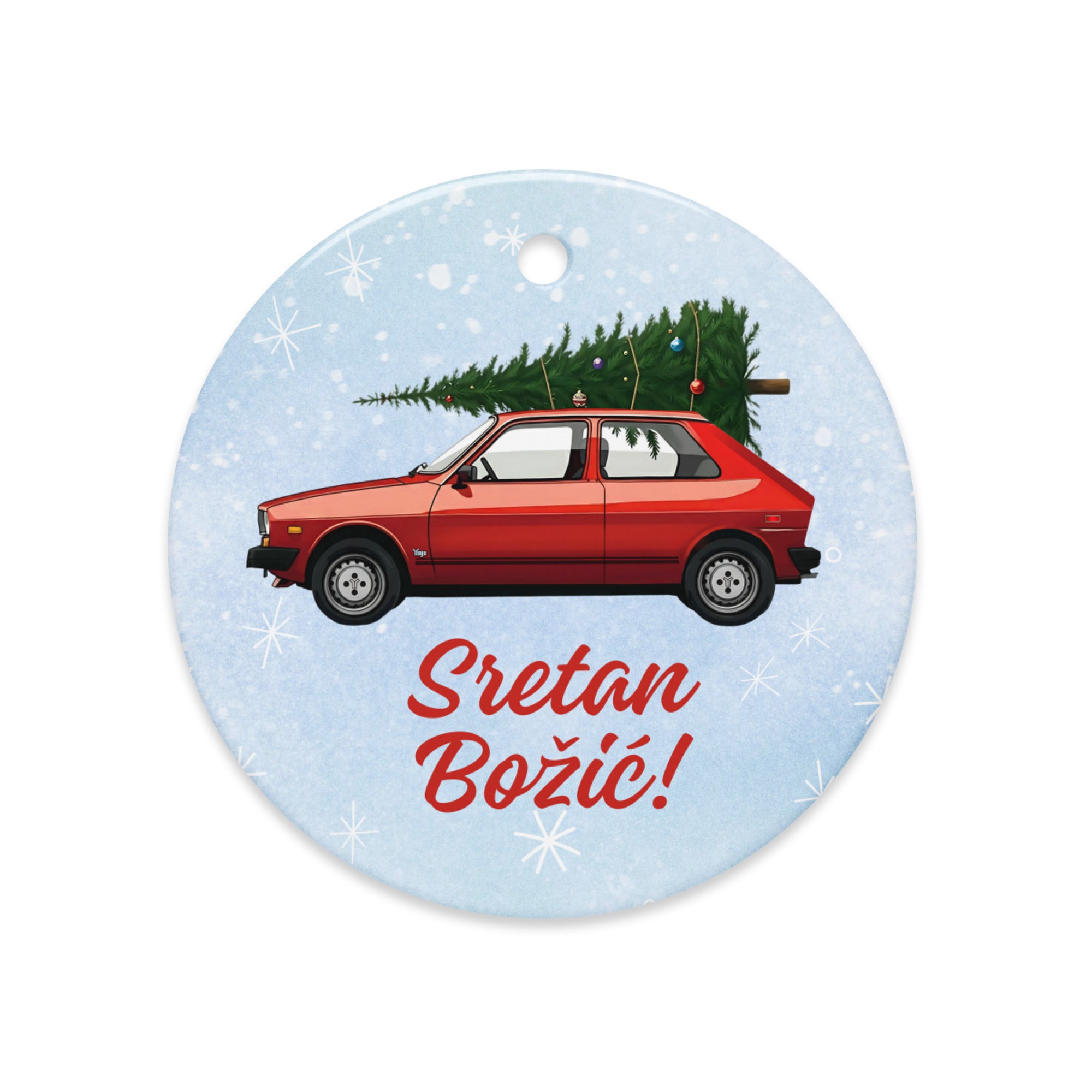 Red Yugo ornament with “Sretan Božić” — Croatian Christmas decor