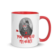 Romanian Dracula mug with the phrase “You Impaled My Heart” and red heart details