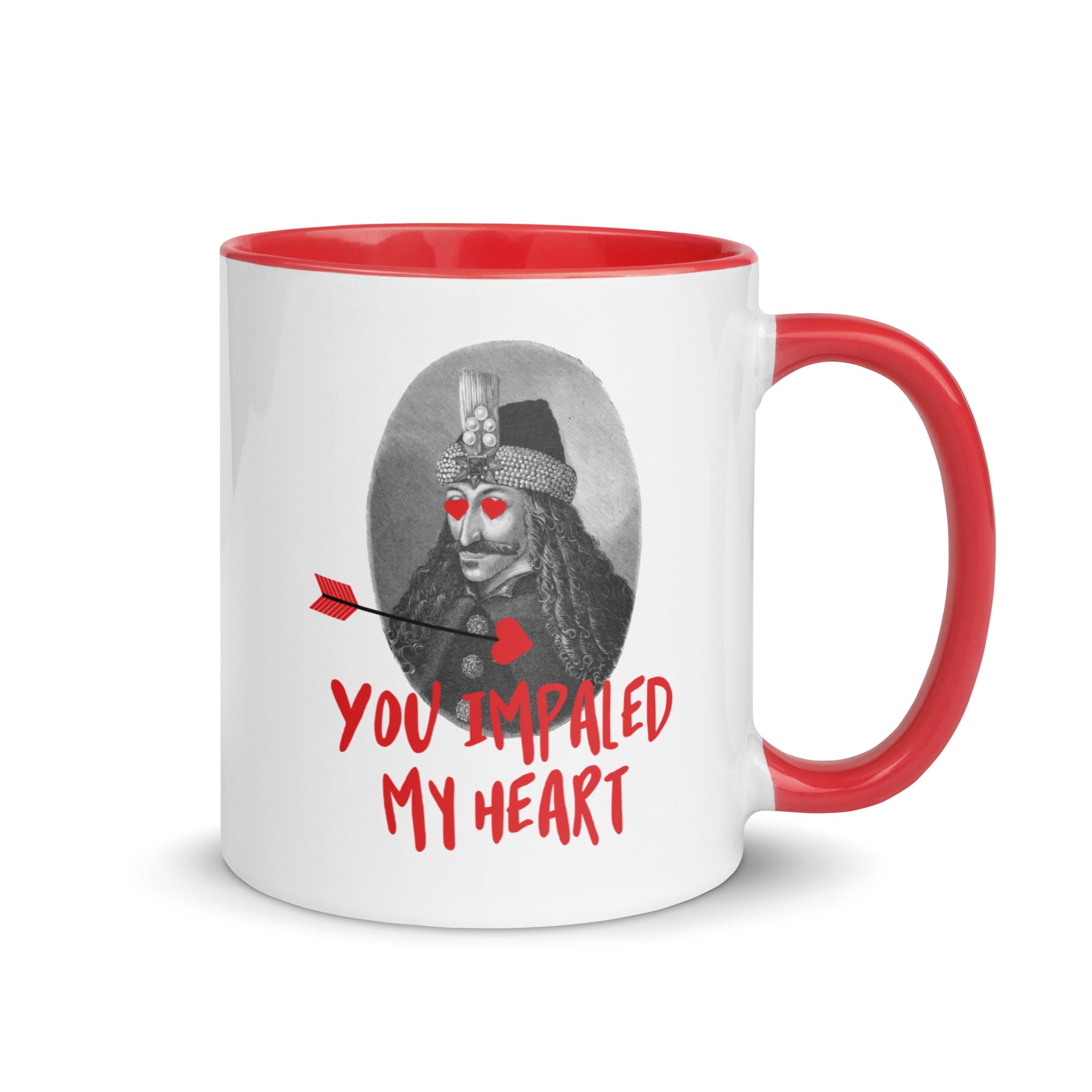 Romanian Dracula mug with the phrase “You Impaled My Heart” and red heart details