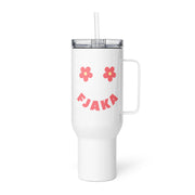 White Fjaka smiley face tumbler with pink retro lettering and floral design inspired by Croatian Dalmatian summer culture