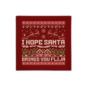 Red Christmas pillowcase with “I Hope Santa Brings You Flija” text and knitted design.