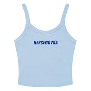 Woman's baby blue crop tank top featuring the word Hercegovka in blue lettering for Herzegovina pride and World Cup supporter apparel